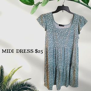 Sage Floral Ditsy Flutter Sleeve Tiered Midi Dress